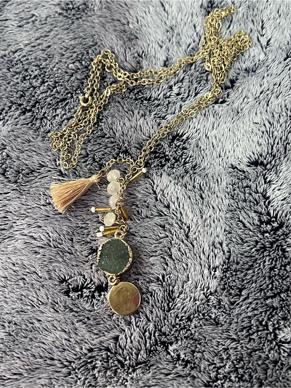 Gold Tone Boho Tassel Druzy Pendant Necklace 42in